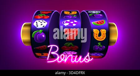 Neon Bonus slot machine game with various winning symbols on a vibrant purple background. Vector illustration Stock Vector