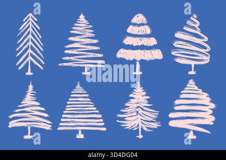 Minimalist Christmas Tree Set in Hand-Drawn Pastel Style on Blue Background. Abstract pine silhouette collection with sketch lines and modern shapes Stock Vector