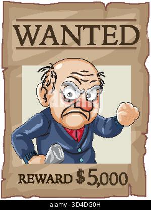 Cartoon angry bald elderly man on wanted poster, bold lines, muted colors, vintage style Stock Vector