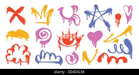 Playful Spray Paint Graffiti Icons and Symbols on White Background. Urban street art collection with dripping neon shapes, doodles, arrows, hearts Stock Vector