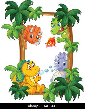 Whimsical cartoon dinosaurs with playful expressions in vibrant, lush jungle foliage vector illustration. Stock Vector