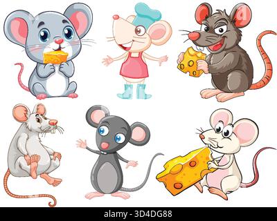Six colorful cartoon mice in playful poses, holding cheese, in a bright vector style. Stock Vector
