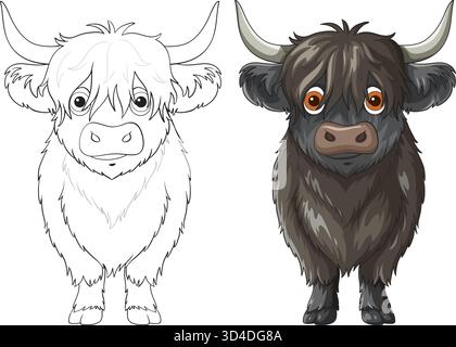 Cute front-facing Highland cow in color and outline, cartoon vector with clean lines. Stock Vector