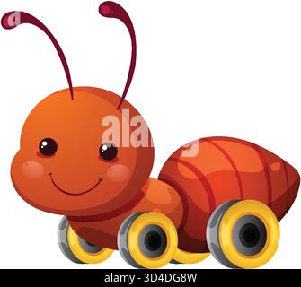Cute cartoon ant with wheels, bright colors, glossy finish, isolated on white background Stock Vector