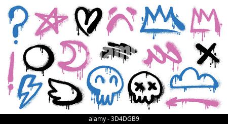 Multicolored Spray Paint Graffiti Icons and Symbols on White Background. Urban street art collection with dripping neon shapes, doodles, arrows Stock Vector