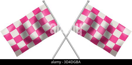 Vector illustration of two crossed pink and white checkered flags with metallic flagpoles, isolated Stock Vector