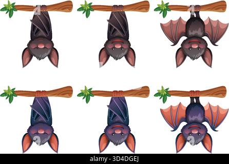 Six cute cartoon bats hanging upside down, wings open and closed, on wooden branches Stock Vector
