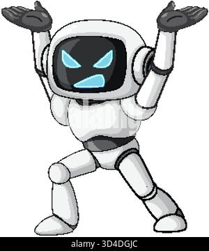 Stylized vector robot character, white body, black screen face, angry blue eyes, arms raised Stock Vector