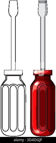 Flathead screwdriver with red handle, side-by-side outline and colored vector, clean digital style Stock Vector