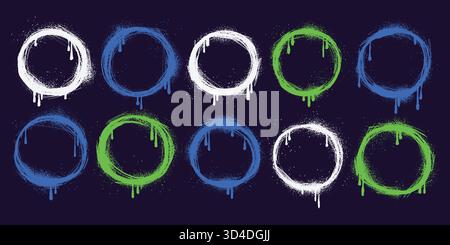 Spray Paint Circle Frames Set in Blue, Green, and White Colors on Dark Background. Grunge round graffiti shapes with dripping edges and splatter Stock Vector