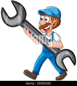 Smiling cartoon mechanic in blue overalls holding oversized wrench, white background, vector illustration Stock Vector