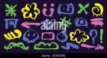 Colorful Spray Paint Graffiti Icons and Symbols on Dark Background. Urban street art collection with dripping neon shapes, doodles, arrows, hearts Stock Vector