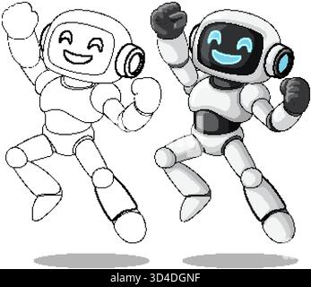 Happy robots leaping in cartoon vector style, one colored, one outlined, with dynamic poses Stock Vector