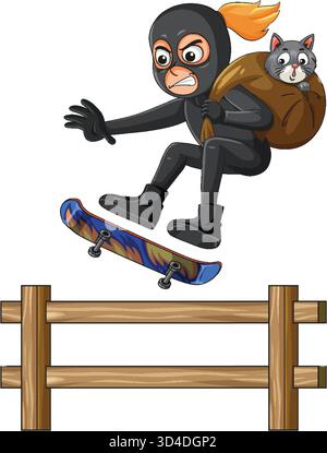Cartoon thief in black suit skateboards over wooden fence, carrying bag with surprised cat inside Stock Vector