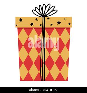 Festive gift for Christmas or birthday. Present in red and orange. Cute gift box in flat style. Cozy illustration for stickers, logos, cards, posters, Stock Vector