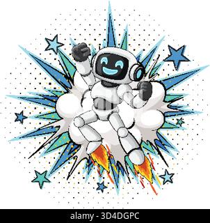 Cartoon robot with jetpack blasts off, surrounded by comic explosion, blue stars, dynamic lines Stock Vector