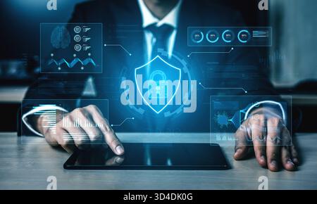 A futuristic cybersecurity dashboard for a Security Operations Center (SOC). The system monitors the network, analyzes data for threats, and provides Stock Photo