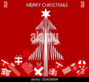 A striking card with a vibrant red background, featuring a white, abstract line-art Christmas tree topped with a star, and scattered gift boxes below. Stock Vector