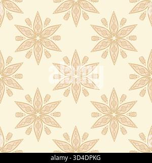 Decorative oriental style pattern with stylized six pointed star shaped flowers, decorated with circles and spirals, surrounded by buds, on beige back Stock Vector