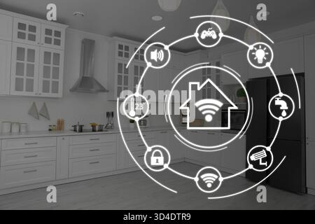 Smart home. Different icons on virtual screen against dining room Stock Photo
