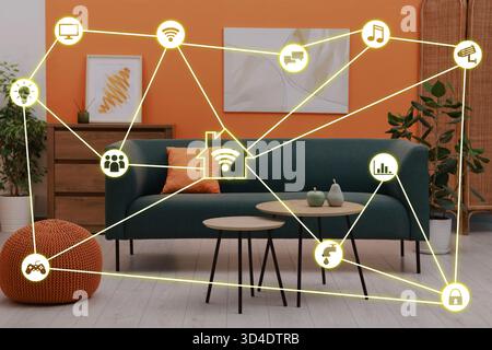 Smart home. Different icons on virtual screen against living room Stock Photo