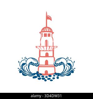Lighthouse with a flag on top, standing on rocks washed by waves. Hand drawn vector illustration with lines for posters and banners. Perfect for a Stock Vector