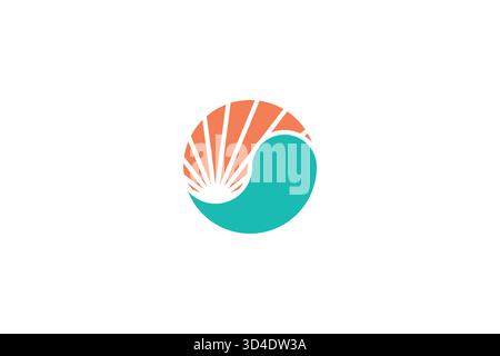 Sunset Ocean Logo Minimalist Modern Concept in Balance Circle Shape Element Nature Sea Wave Sunbeam Sign Symbol Stock Vector
