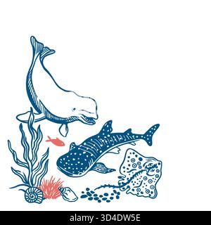 Marine animals. Tiger shark, beluga dolphin, stingray, seaweed and shells. Hand drawn vector line art illustration in blue for posters and banners Stock Vector