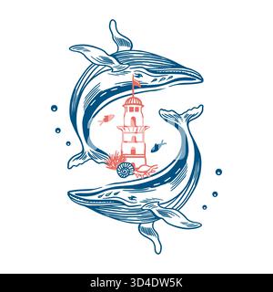 Two whales and a lighthouse with fish and shells. Hand drawn vector line art illustration in blue for posters and banners. Perfect for a travel Stock Vector