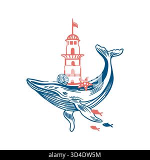 Whale with a lighthouse on its back, shells and fish. Hand drawn vector line art illustration in blue for posters and banners. Perfect for a travel Stock Vector