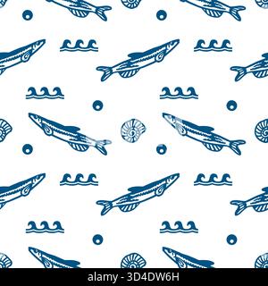 Sardines, shells and waves seamless pattern. Hand drawn line art illustration of fish. Vector clip art for wrapping paper, fabric and festival cards. Stock Vector