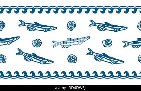 Blue fish seamless border. Hand drawn line art illustration of sardines, shells and waves. Vector clip art for wrapping paper, fabric and festival Stock Vector
