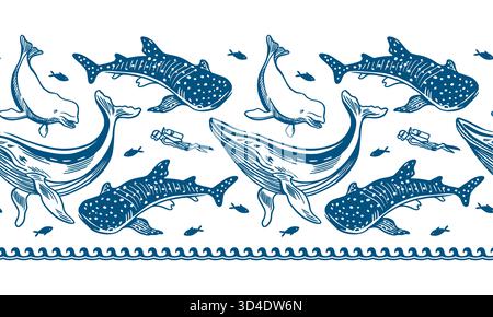 Sea animals seamless border. Hand drawn line art illustration of whales, dolphins, tiger sharks and fish. Vector clip art for wrapping paper, fabric Stock Vector