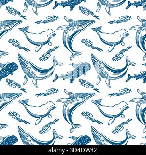 Sea animals and divers seamless pattern. Hand drawn line art illustration of whales, sharks and dolphins. Vector clip art for wrapping paper, fabric Stock Vector