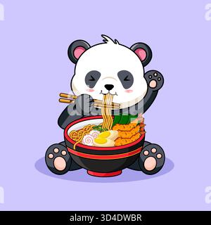 Cute Panda Eat a Delicious of Ramen Tempura Vector Illustration Cartoon Design Stock Vector