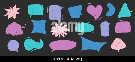 Crayon doodle speech bubble collection. Hand drawn chalk talk Frames. Cute text box set for Chat and Stickers Stock Vector