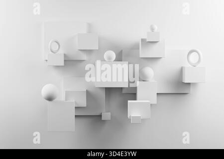 3D render of multiple white cubes in different sizes arranged on a wall, creating depth with light and shadow. No people, abstract studio scene. Stock Photo