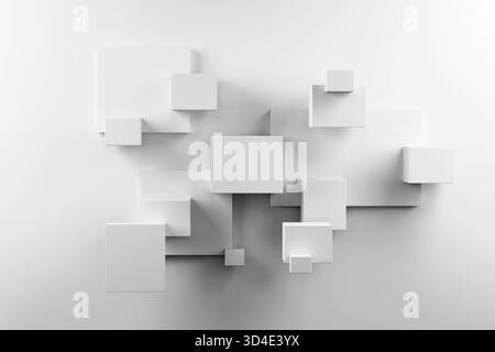 3D render of multiple white cubes in different sizes arranged on a wall, creating depth with light and shadow. No people, abstract studio scene. Stock Photo