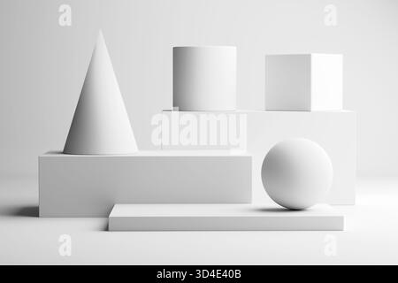 3D render of simple white shapes — cone, sphere, cube, and cylinder — arranged on white blocks in a soft-lit, neutral studio setting. No people presen Stock Photo