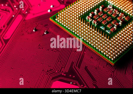 Macro photo of computer or laptop CPU microprocessor processor. Close-up of metallic pins and PCB of computer processor. Semiconductors, pins and connectors. Selective focus. Stock Photo