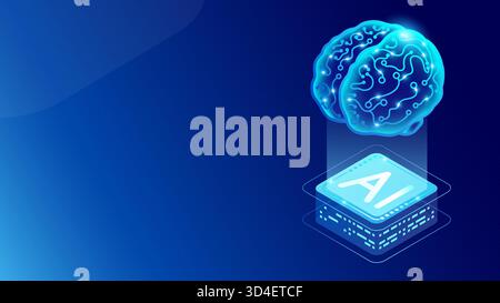 AI brain connected to a platform - abstract futuristic background for business presentation slide with a space for text. Vector technology illustratio Stock Vector
