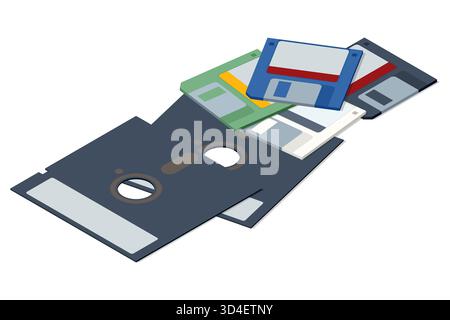 An isometric set of 3.5-inch floppy diskettes, a key piece of vintage computer hardware, symbolizing retro data storage and old digital technology Stock Vector