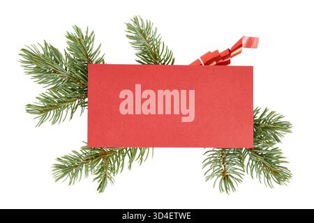 red christmas greeting card with frame of fir tree branches isolated on white Stock Photo