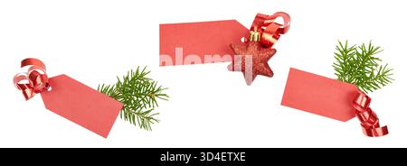 red christmas gift tag set or collection with fir tree branches and gift ribbon isolated on white Stock Photo