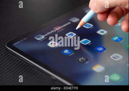 New York, USA - November 7, 2025: Open on tablet Deepseek AI app  close up view on dark table Stock Photo