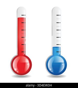 Hot and Cold Thermometers Flasks for Temperature Measurement with Mercury Liquid. Isolated Graphics on White Stock Vector