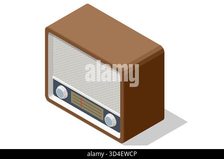 Isometric classic wooden vintage radio receiver, a symbol of retro communication and broadcast media Vintage analog radio device representing classic Stock Vector