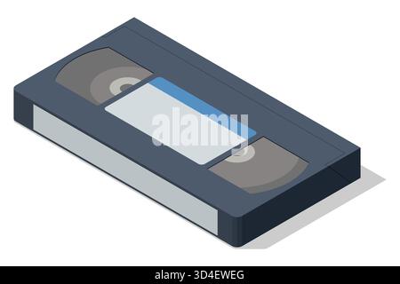 An isometric illustration of a classic VHS video cassette tape, a vintage medium for movie and video record, symbolizing retro media and 80s-90s Stock Vector