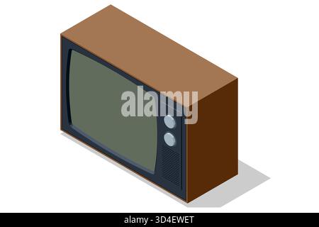 An isometric illustration of a vintage television set with rabbit ears antenna, symbolizing retro broadcast entertainment and 80s-90s home media Stock Vector