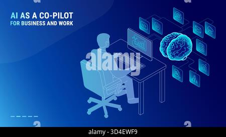 AI as a copilot for business and work concept - modern illustration of human and artificial intelligence collaboration. A human at the computer connec Stock Vector